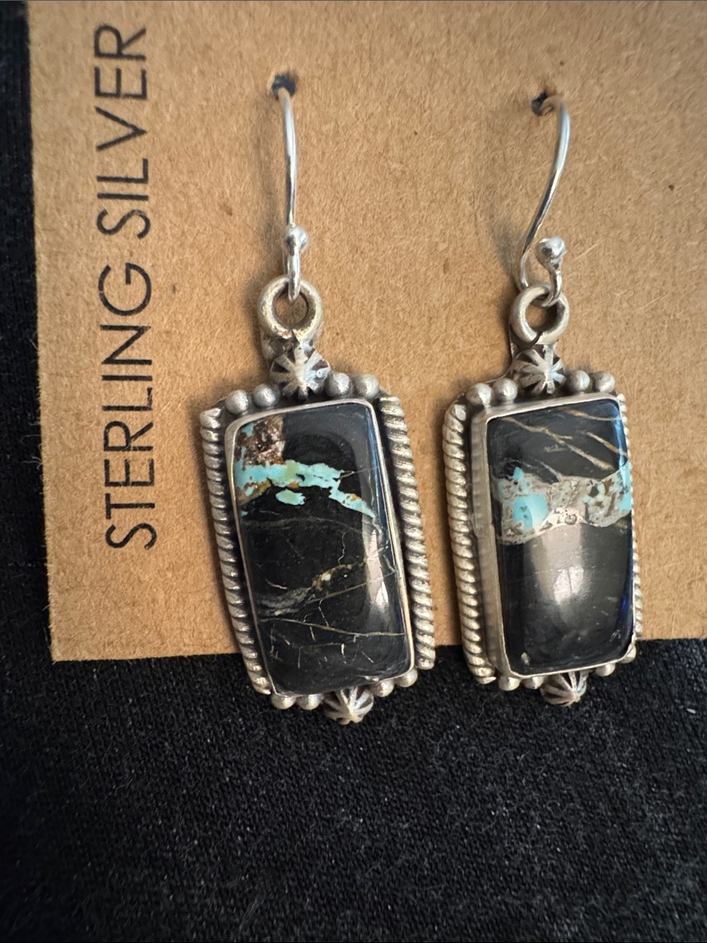 Black Jack Turquoise Inlay Rectangle Drop Earrings 925 silver